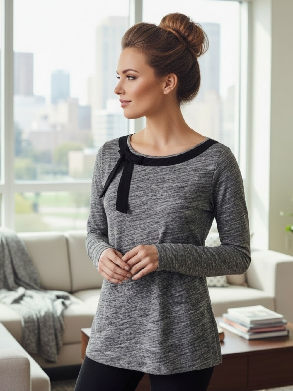 LOFT Heather Gray Long Sleeve Scoop Neck Cotton Top w/Black Bow Trim – Size M